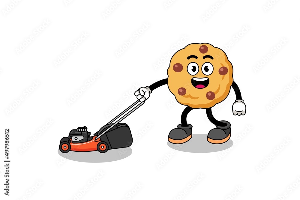 chocolate chip cookie illustration cartoon holding lawn mower chocolate chip cookie illustration cartoon holding lawn mower