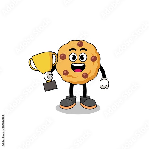Cartoon mascot of chocolate chip cookie holding a trophy