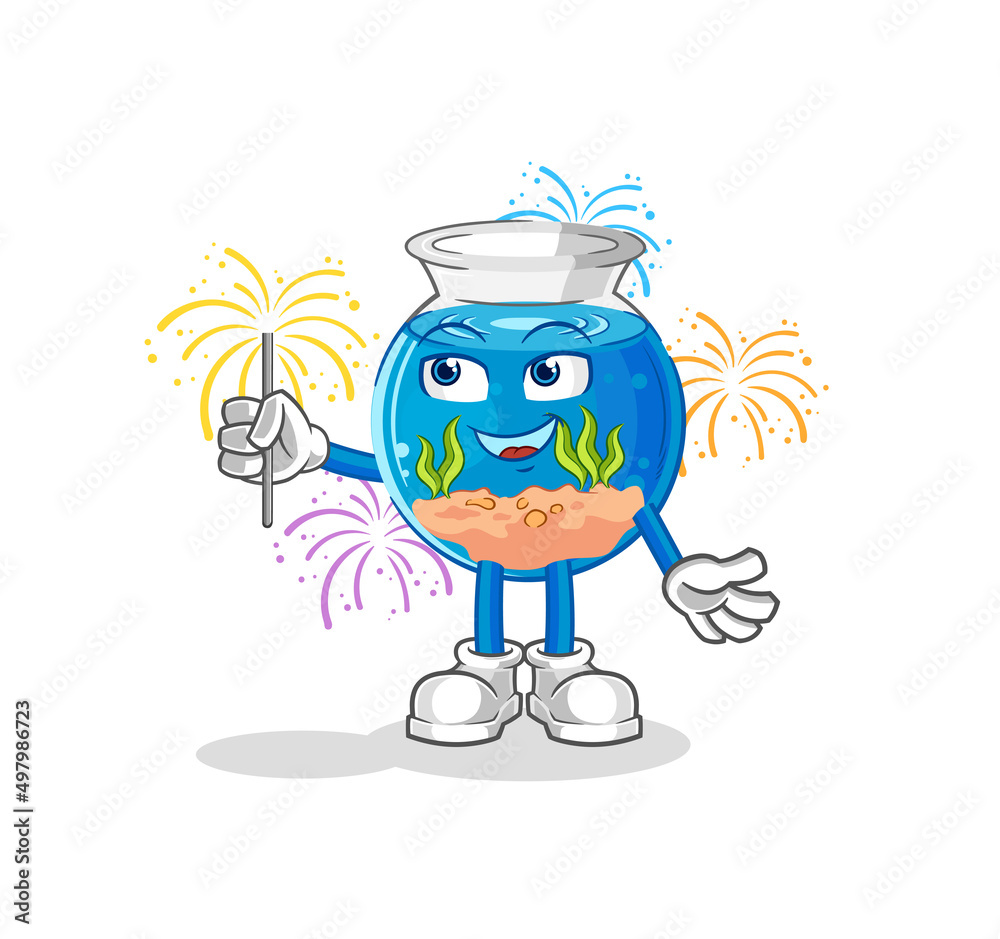 Naklejka premium fish bowl with fireworks mascot. cartoon vector