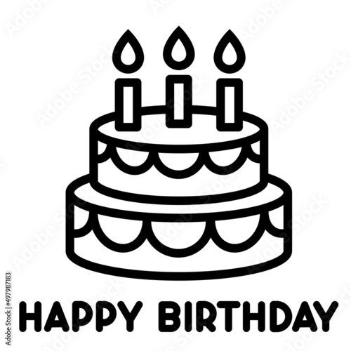 black line birthday cake drawing with greeting, vector