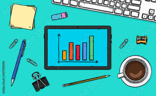 Doodle vector illustration of tablet with data chart on screen.
