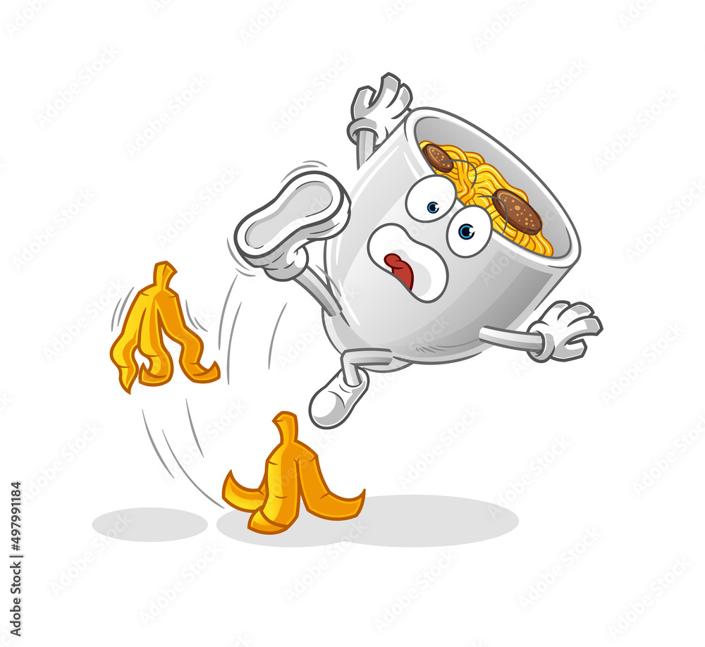 noodle bowl slipped on banana. cartoon mascot vector