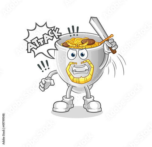 noodle bowl knights attack with sword. cartoon mascot vector