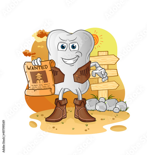 dog bone cowboy with wanted paper. cartoon mascot vector