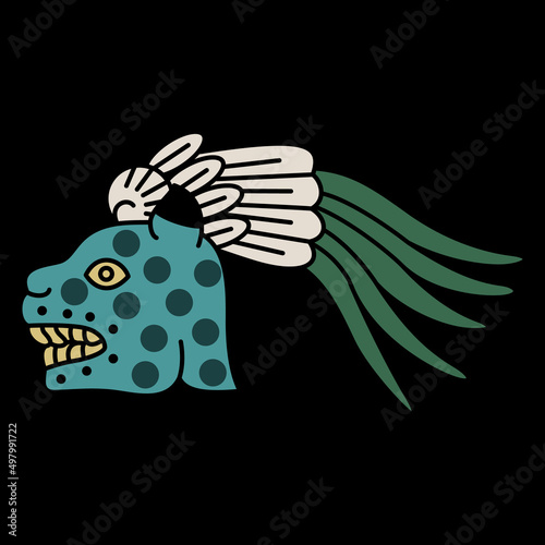 Head of a jaguar in quetzal plume crown. Native American art of Aztec Indians from Mexican codex. On black background.