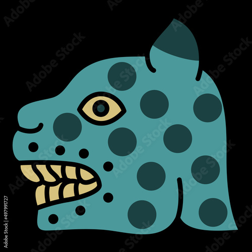 Head of a jaguar or spotted feline cat. Native American art of Aztec Indians from Mexican codex. On black background.