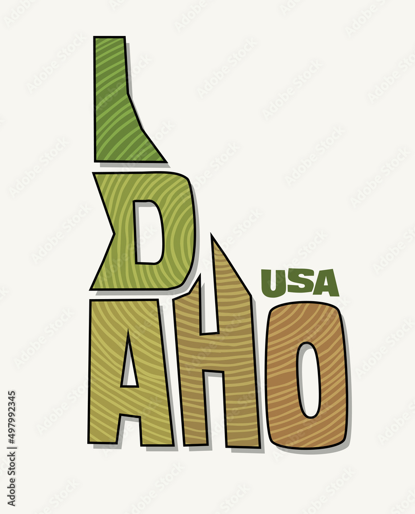 State of Idaho with the name distorted into state shape. Pop art style vector illustration for stickers, t-shirts, posters, social media and print media.