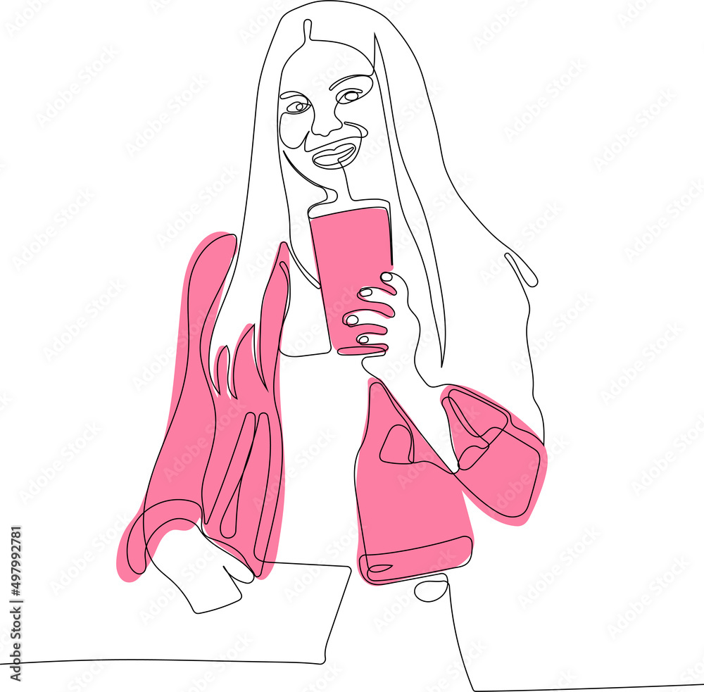 Continuous one line drawing of female in jacket keeping one hand in pocket and drinking lemonade. Attractive girl looking at camera, smiling and posing. Minimal outline concept. Vector illustration Continuous one line drawing of female in jacket keeping one hand in pocket and drinking lemonade. Attractive girl looking at camera, smiling and posing. Minimal outline concept. Vector illustration
