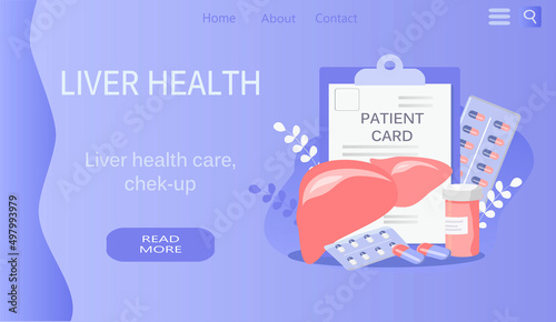 vector illustration in a flat style, a banner for a website on the theme of caring for the health of the liver. Liver, patient card and pills