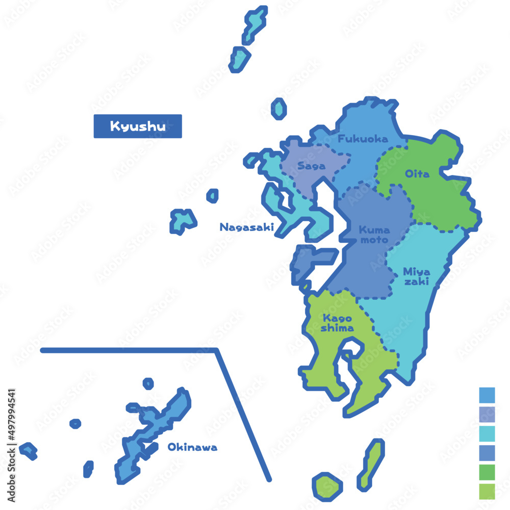 日本の地域図 日本地図 九州地方 雨の日カラーで色分けしてみた 英語版 Stock Vector Adobe Stock