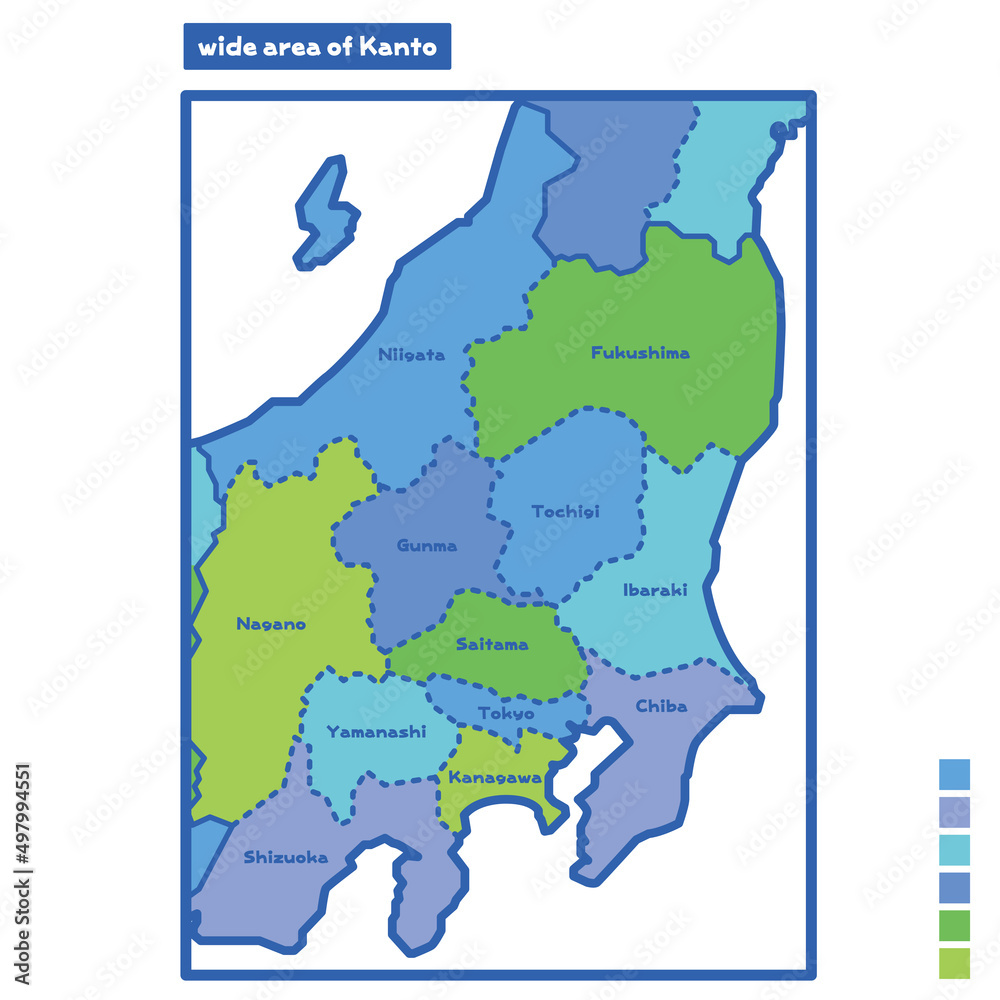 Fototapeta premium 日本の地域図・日本地図 関東広域 雨の日カラーで色分けしてみた(英語版)