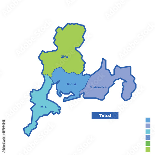 日本の地域図・日本地図 東海地方 雨の日カラーで色分けしてみた（英語版）