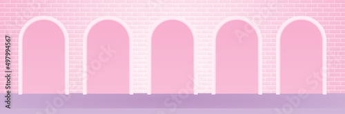  blank arch backdrop display on sweet pastel pink wide brick wall background on purple floor 3d illustration vector for putting your cute girly object 