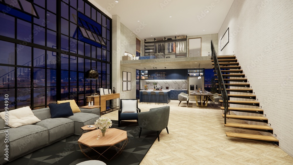 3d rendering. Interior house modern open living space with kitchen.Loft style Duplex apartment residence.Home decoration luxury interior design. 3d rendering. Interior house modern open living space with kitchen.Loft style Duplex apartment residence.Home decoration luxury interior design.