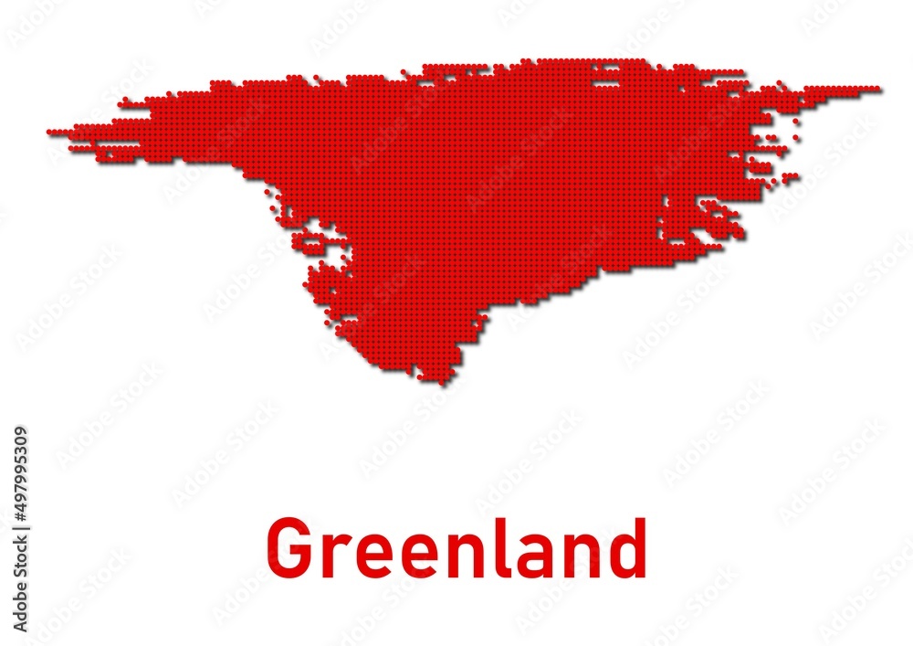 Greenland map, map of Greenland made of red dot pattern and name.