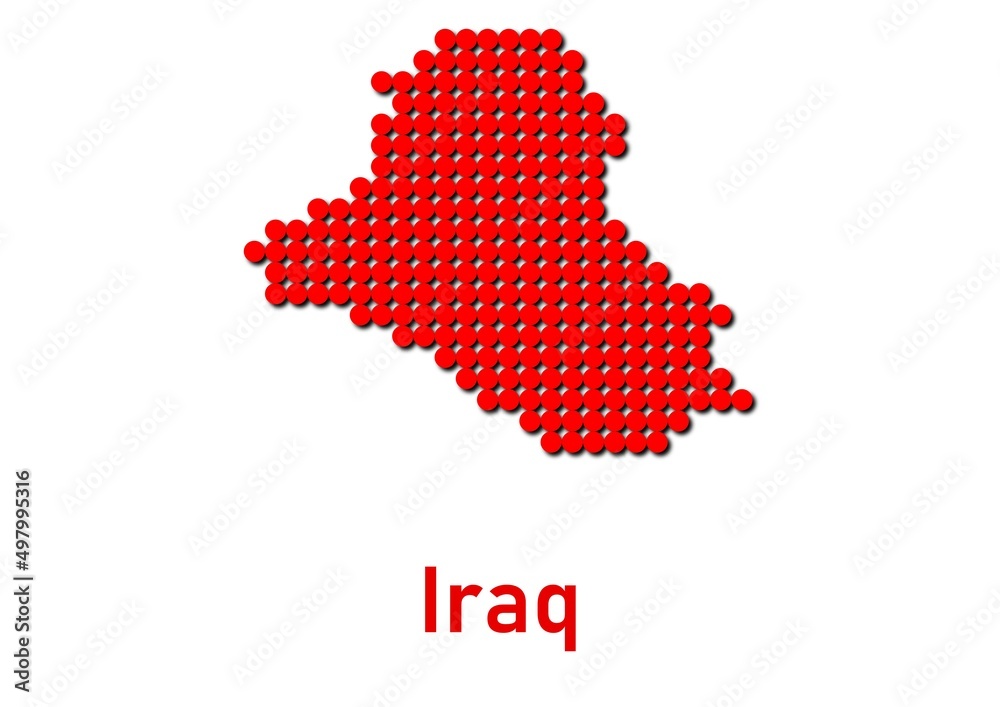 Iraq map, map of Iraq made of red dot pattern and name.