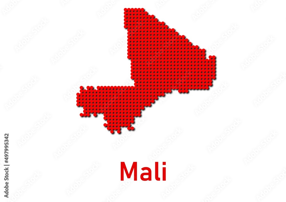 Mali map, map of Mali made of red dot pattern and name.