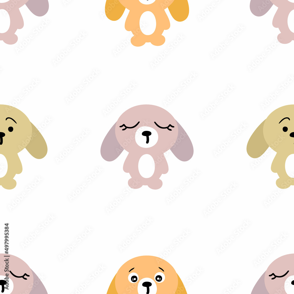 Fototapeta premium Hand drawn Easter bunnies seamless pattern in delicate pastel colors. Perfect for T-shirt, textile and print. Doodle vector illustration for decor and design.