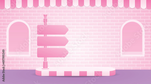 Fototapeta Naklejka Na Ścianę i Meble -  cute pink signpost with podium on sweet pastel pink brick wall with awning and window background 3d illustration vector scene for putting your object in cute girly urban theme
