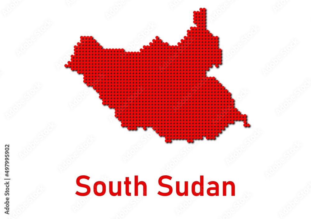 South Sudan map, map of South Sudan made of red dot pattern and name. South Sudan map, map of South Sudan made of red dot pattern and name.