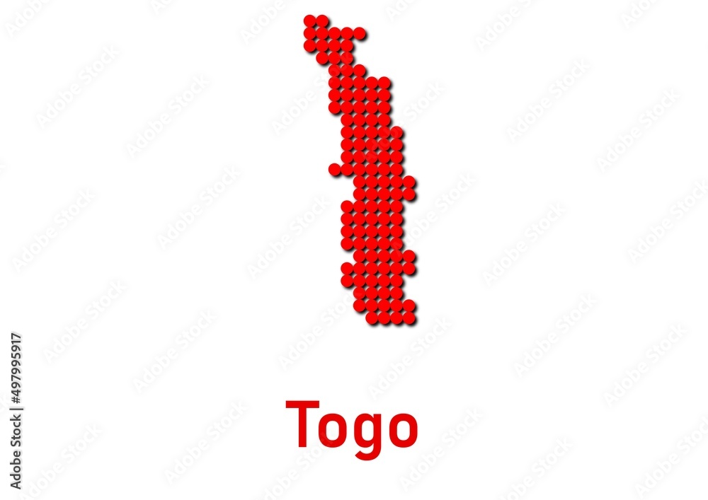 Togo map, map of Togo made of red dot pattern and name.