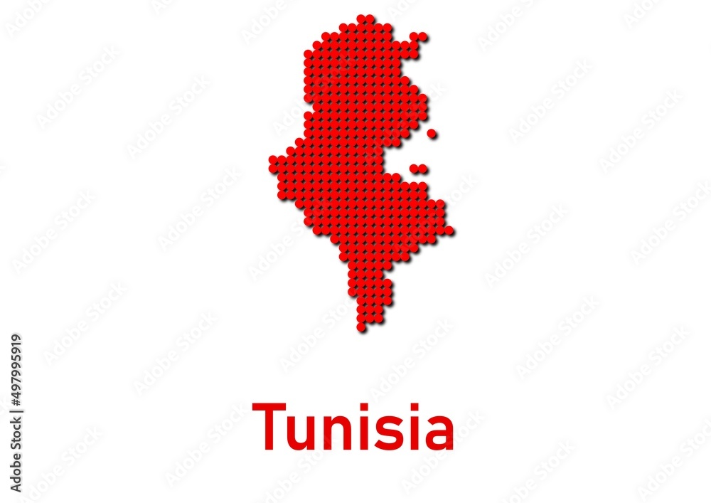 Tunisia map, map of Tunisia made of red dot pattern and name.