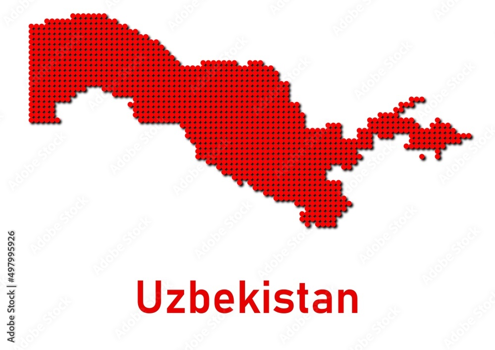 Uzbekistan map, map of Uzbekistan made of red dot pattern and name.