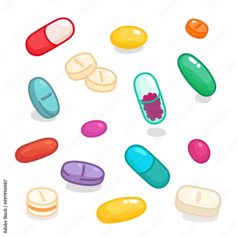 Various colorful pills and capsules kawaii doodle flat vector illustration