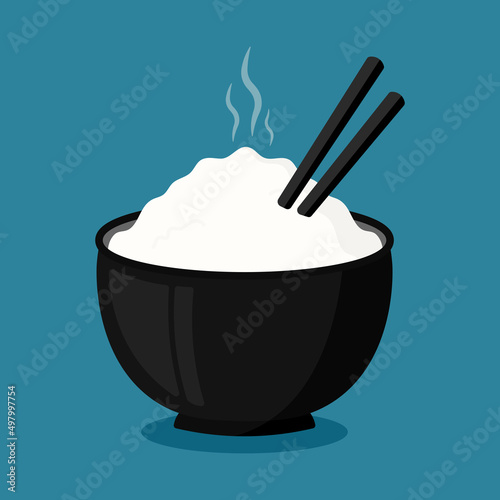 Rice in a black bowl icon clipart with chopstick food animated cartoon graphic vector illustration design