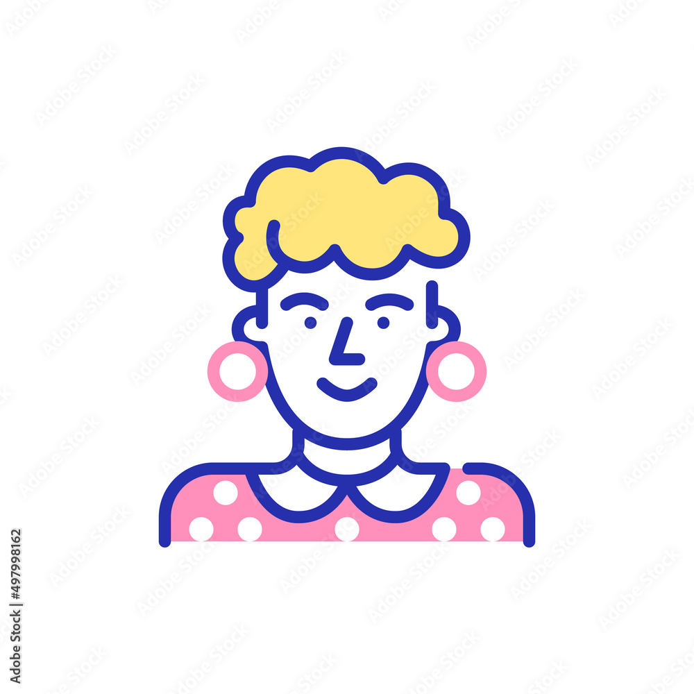 Stylish old lady in retro clothes. Pixel perfect, editable stroke fun color icon Stylish old lady in retro clothes. Pixel perfect, editable stroke fun color icon