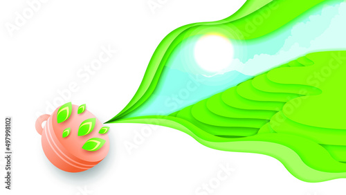 Abstract Paper Cut Ilustration Tea Plantation With Sun Mountains Splash Drops Color Cup Background Leaf Leaves Vector Design Style