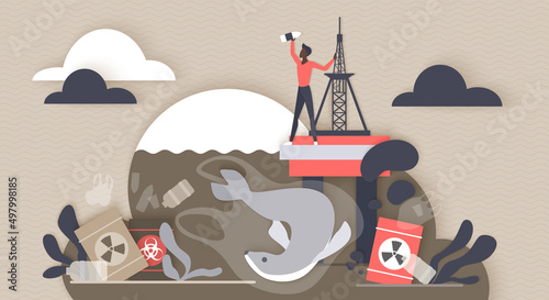 Danger waste garbage of ocean or sea water, ecological disaster. Tiny man throwing plastic trash in polluted ecosystem with floating containers flat vector illustration. Ecology protection concept