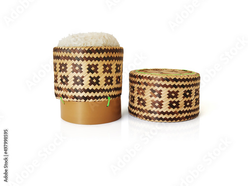 Wooden bamboo traditional style box with Thai sticky rice on white background