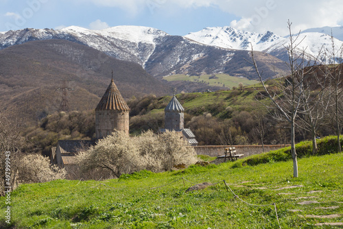 Fototapeta Naklejka Na Ścianę i Meble -  View of the Tatev Monastery among the flowering trees in spring. Armenia