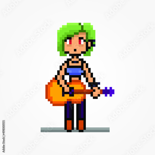 Pixel female character play guitar, cute green hair, rock style
