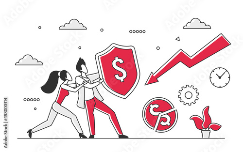 Business money crisis atack and shield insurance. Bankruptcy risk prevention and financial loss vector monocolor illustration