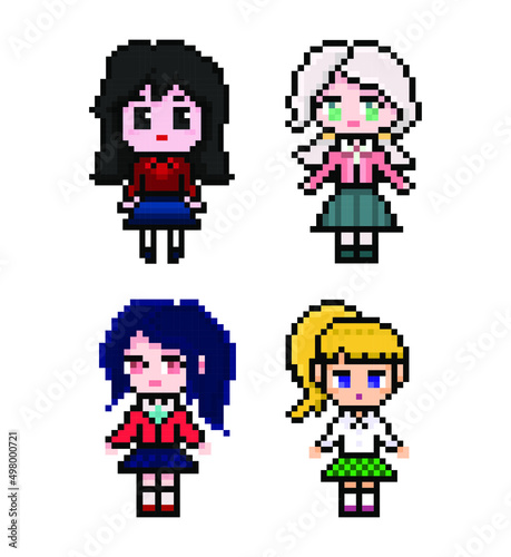 Set of four pixel anime female characters