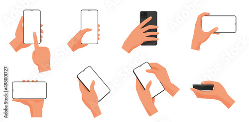 Human hands hold mobile phone with empty blank screen set vector illustration. Cartoon arms touch device with fingers, zoom, tap, swipe gestures isolated on white. Communication, internet concept