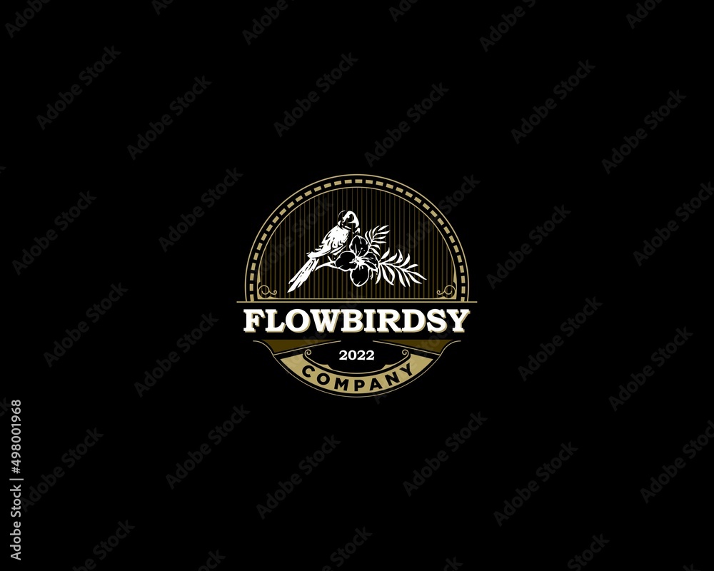 Fototapeta premium Flower and bird retro vintage style logo design