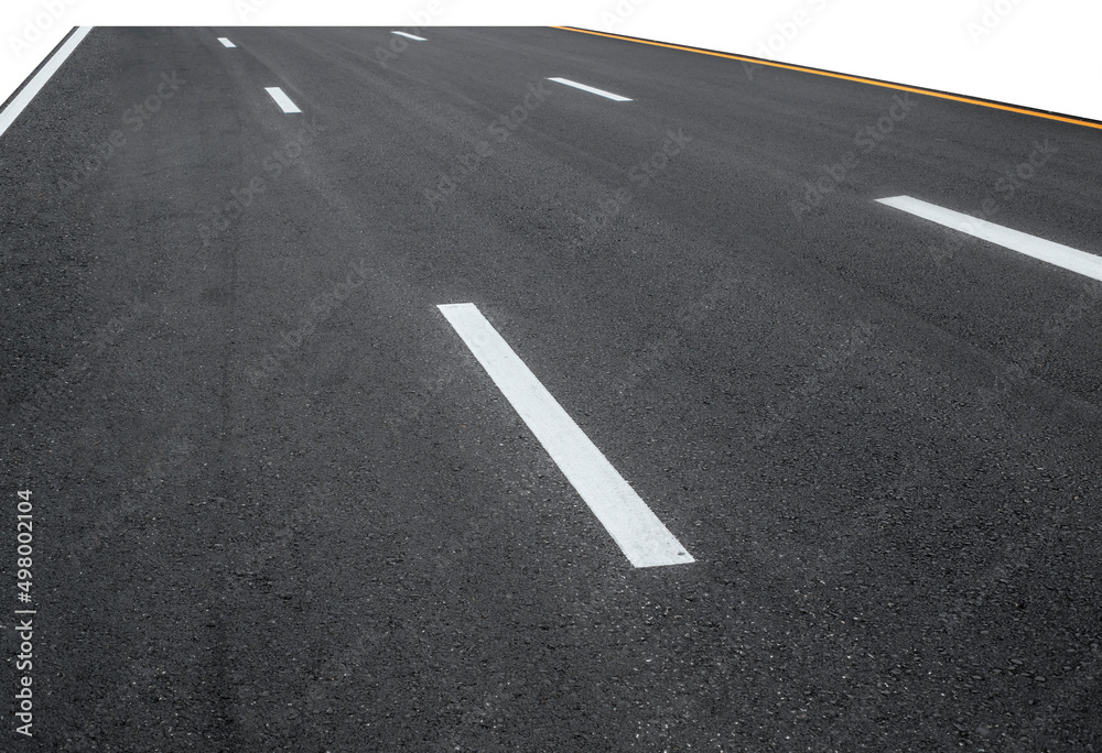 Asphalt road with white stripes, isolated on white background. New way, Empty asphalt highway.