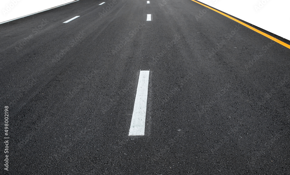 Asphalt road with white stripes, isolated on white background. New way, Empty asphalt highway.