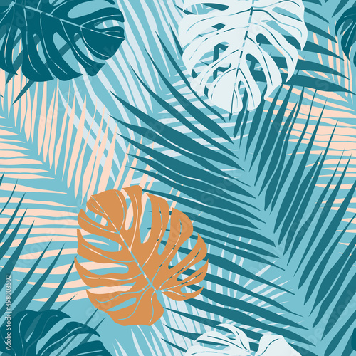 Beautiful tropical leaves branch seamless pattern design. Tropical leaves, monstera leaf seamless floral pattern background. Trendy brazilian illustration. Spring summer design for fashion, prints