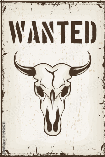 wanted label with bull skull
