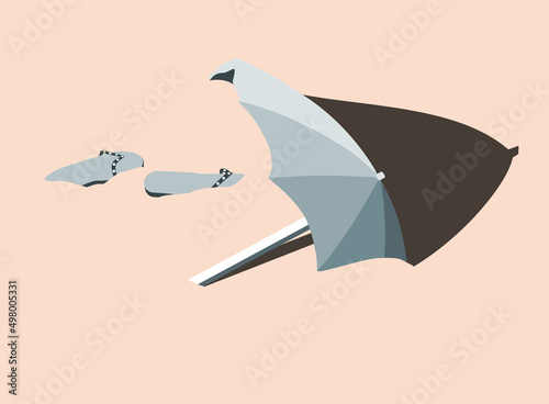 Abstract surreal landscape with an umbrella / parasol and beach slippers in the sand with contrast shadows. Vector minimalism flat illustration in pastel colors. 