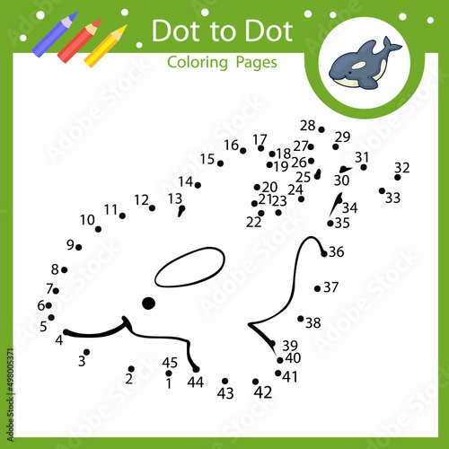 Dot to dot game. Connect by numbers drawing of killer whale. Kids riddle activity page and coloring book. Children education worksheet. Vector illustration.