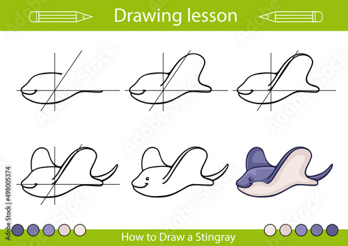 Drawing lesson. How to draw a sea stingray? Educations worksheet and activity page. Tutorial step by step. Children art vector illustration.