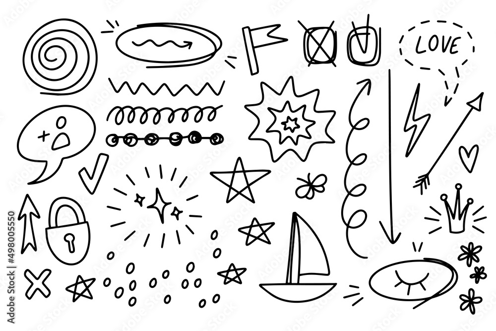 Doodle elements on isolated white background. Hand drawn simple signs and symbols. Line art. 