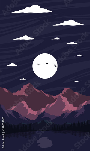 landscape of lagoon in the moon night