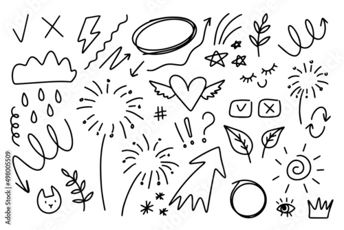 Doodle elements on isolated white background. Hand drawn simple signs and symbols. Line art.  photo