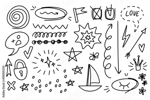 Doodle elements on isolated white background. Hand drawn simple signs and symbols. Line art. 